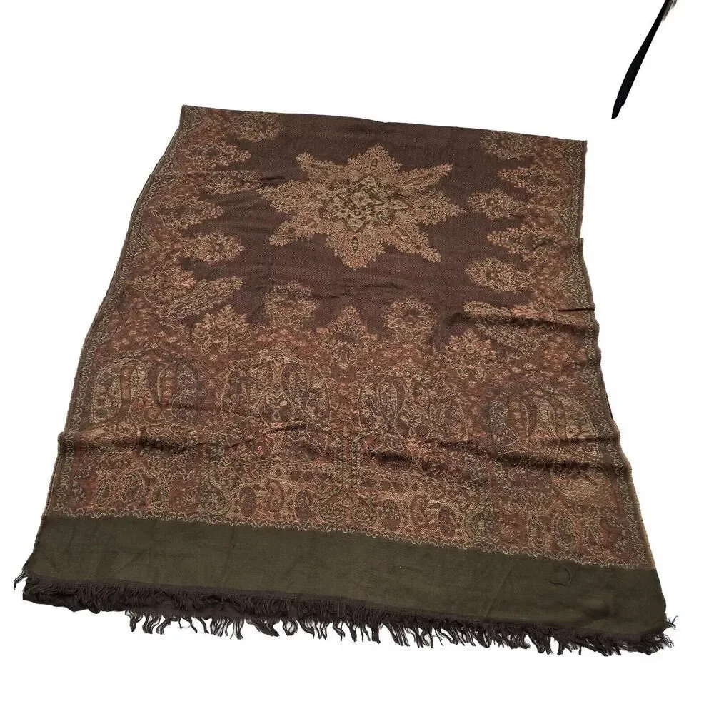 Pashmina Scarf Brown Silk Fringe Rectangle Wrap Boho Paisley 27X69